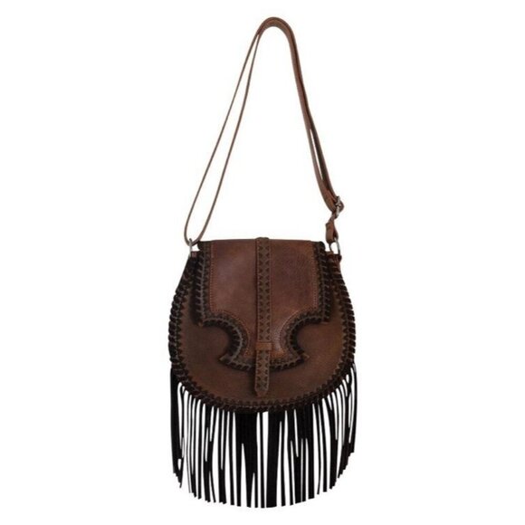 Justin Boot Barn Women's Whipstitch Fringe Saddle Bag Brown w/ Justin Earrings - Picture 1 of 10